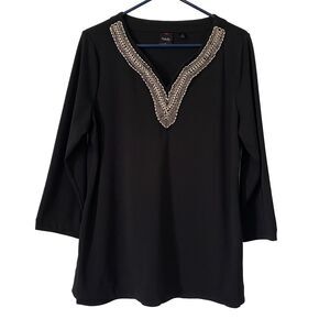Rafaella Top Tunic Black Size‎ L Rhinestone Embellished Neckline 3/4 Sleeves